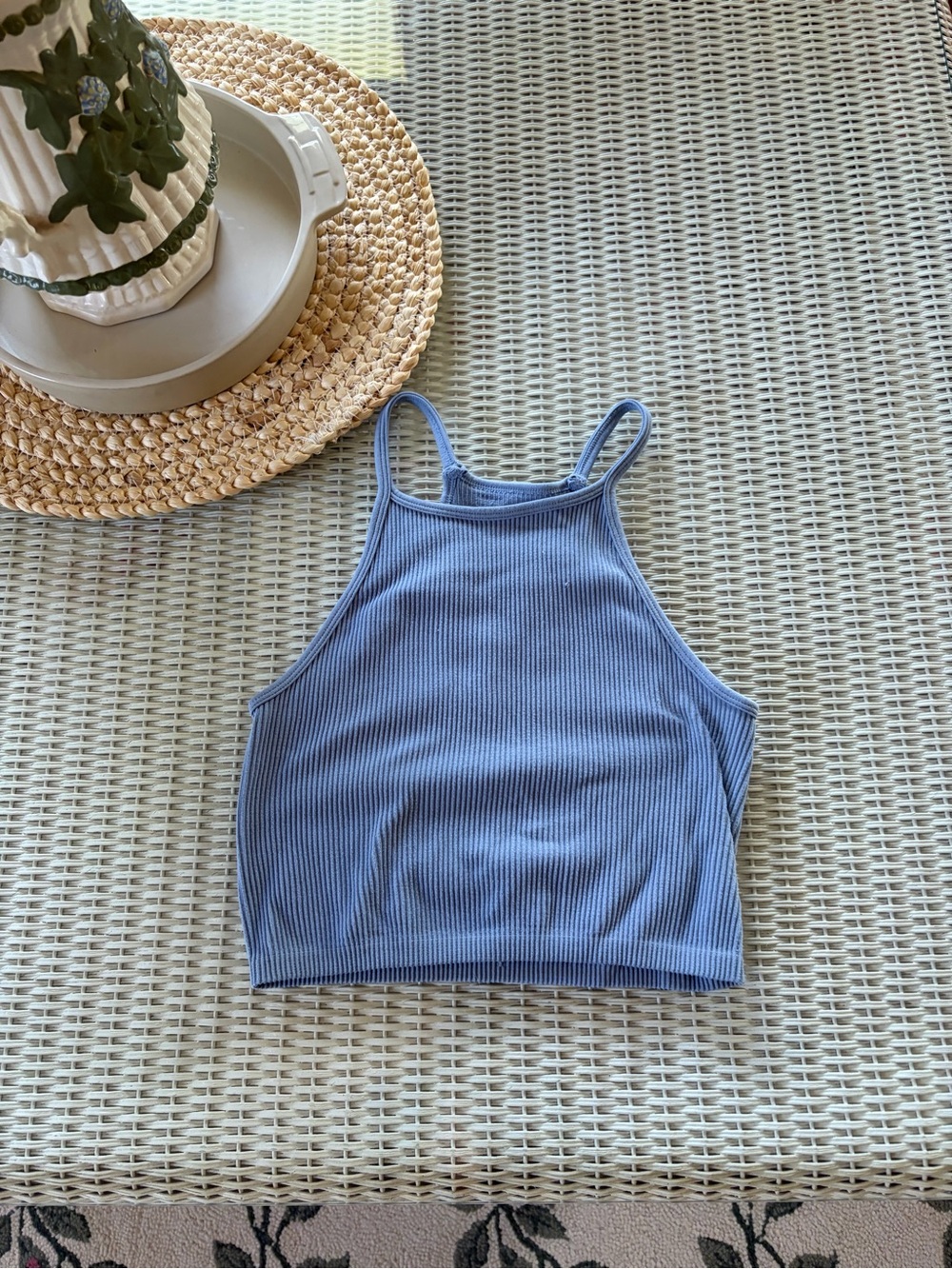 Ribbed Halter Crop Top in Dusty Blue
